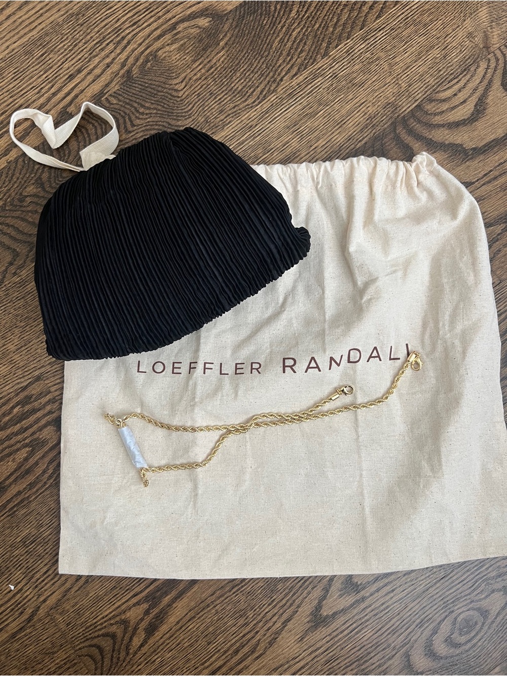 Loeffler Randall Black Pleated Drawstring Pouch with Gold Chain Strap
